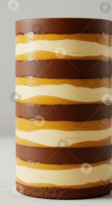 Скачать Вкусный слоеный муссовый торт-десерт с шоколадным, карамельным и ванильным кремом. Изысканное кондитерское изделие для кондитерской, пекарни и праздничных мероприятий. фотосток Ozero