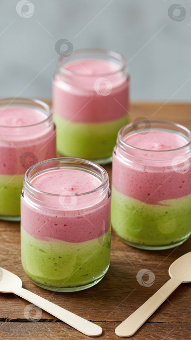 Скачать Четыре бокала слоеного розового и зеленого десерта с деревянными ложками на деревянном столе. Концепция вкусной и здоровой пищи. фотосток Ozero