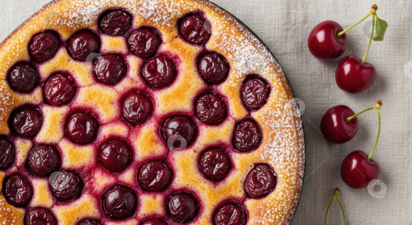 Скачать Вкусный домашний вишневый клафути, посыпанный сахарной пудрой на стол, идеально подойдет в качестве уютного десерта или сладкого угощения. фотосток Ozero