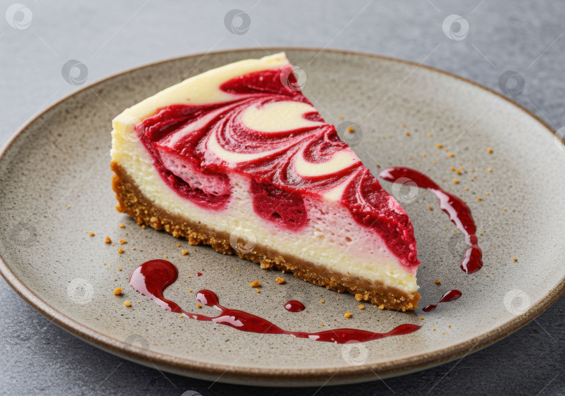 Скачать Чизкейк с кусочками клюквы и ягодным соусом на керамической тарелке. Вкусный сливочный десерт с фруктовой начинкой. фотосток Ozero