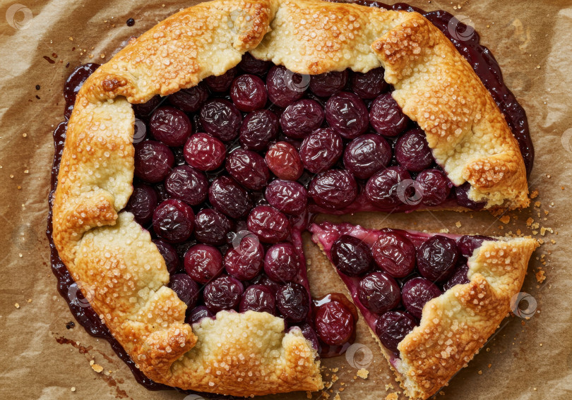 Скачать Свежеиспеченный вишневый пирог с золотистой корочкой и вырезанным кусочком. Домашний деревенский десерт с фруктовой начинкой. Вкусный сладкий праздничный пирог. фотосток Ozero