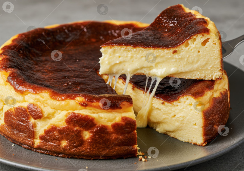 Скачать Разомните вилкой ломтик баскского подгоревшего чизкейка, чтобы показать внутреннюю текстуру. Десерт для создания сладкой атмосферы. фотосток Ozero