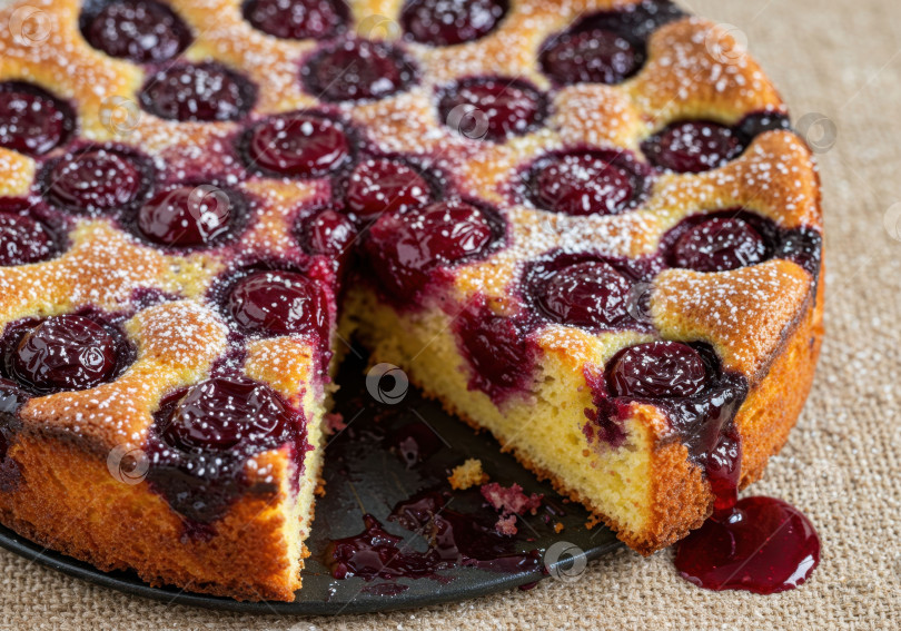 Скачать Свежеиспеченный домашний вкусный сливовый пирог с вырезанным кусочком, посыпанный сахарной пудрой и сочными красными сливами. фотосток Ozero