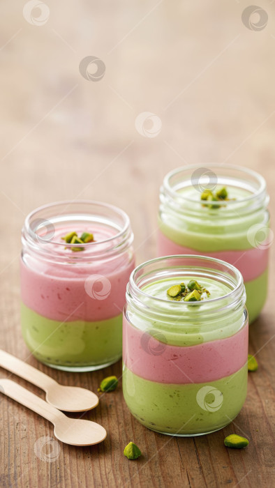 Скачать Вкусный двухцветный муссовый десерт в стеклянных баночках. Слоеный крем из розовых и зеленых фисташек с аппетитной начинкой. Концепция сладкого блюда. фотосток Ozero