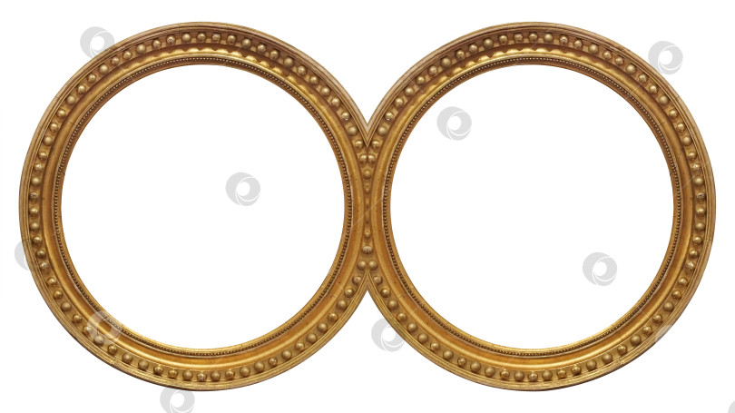 Скачать Двойная круглая золотая рамка (диптих) для картин, зеркал или фотографий, выделенных на белом фоне. Элемент дизайна с контуром вырезки фотосток Ozero