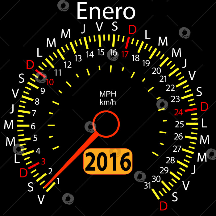 Скачать автомобильный спидометр календаря на 2016 год на испанском языке, январь. Векторная иллюстрация. фотосток Ozero
