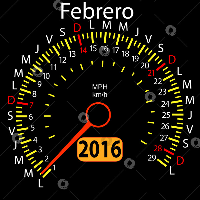 Скачать автомобильный спидометр календаря на 2016 год на испанском языке, февраль. Векторная иллюстрация. фотосток Ozero