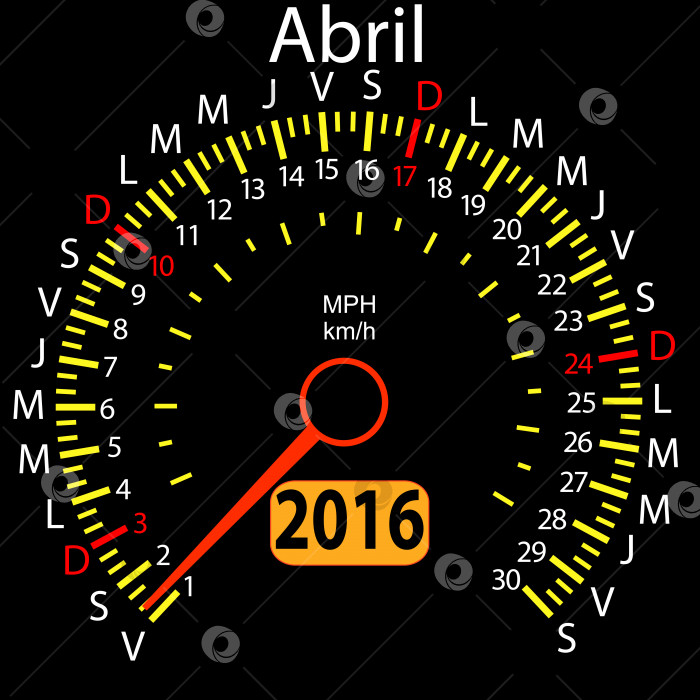 Скачать автомобильный спидометр календаря на 2016 год на испанском языке, апрель. Векторная иллюстрация. фотосток Ozero