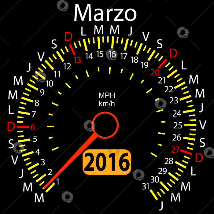 Скачать автомобильный спидометр календаря на 2016 год на испанском языке, март. Векторная иллюстрация. фотосток Ozero