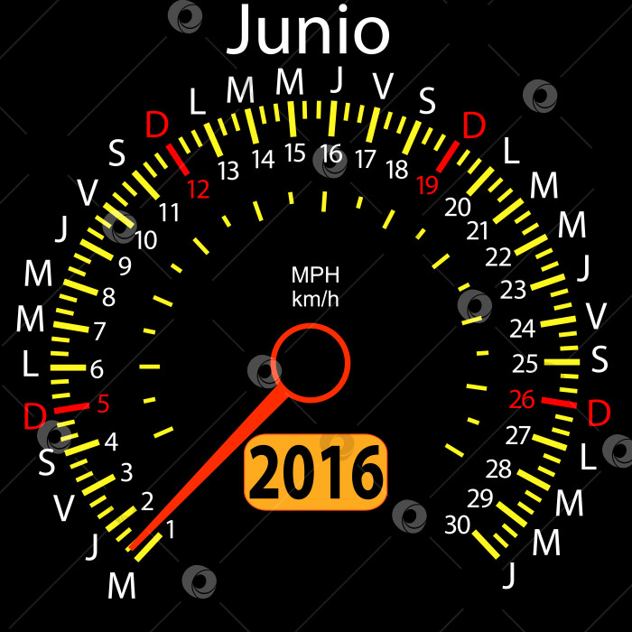 Скачать автомобильный спидометр календаря на 2016 год на испанском языке, июнь. Векторная иллюстрация. фотосток Ozero