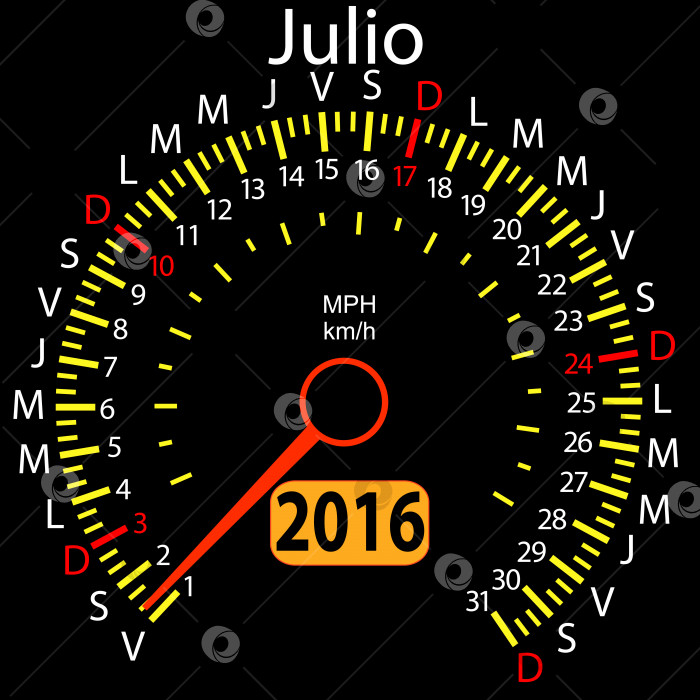 Скачать Автомобильный спидометр календаря на 2016 год на испанском языке, июль. Векторная иллюстрация. фотосток Ozero