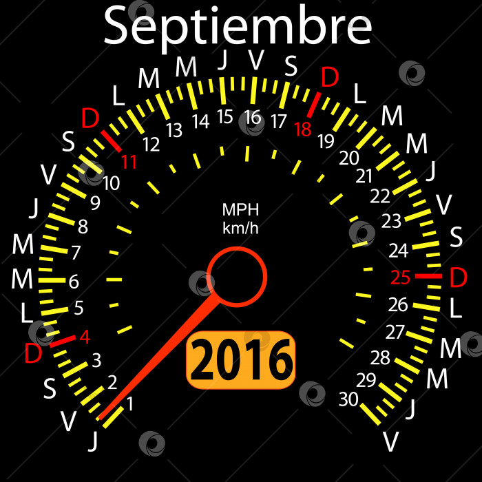 Скачать автомобильный спидометр календаря на 2016 год на испанском языке, сентябрь. Векторная иллюстрация. фотосток Ozero