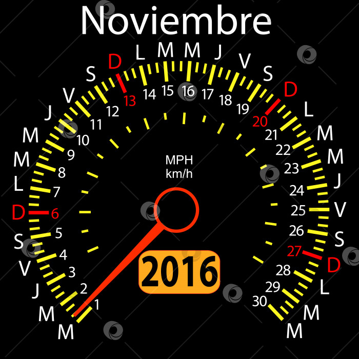 Скачать автомобильный спидометр календаря на 2016 год на испанском языке, ноябрь. Векторная иллюстрация. фотосток Ozero