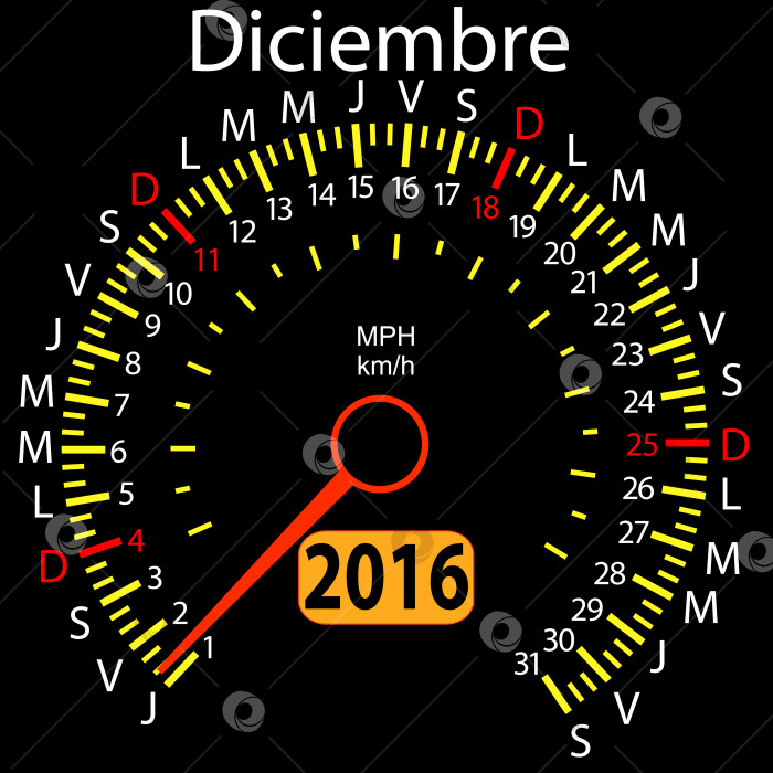 Скачать автомобильный спидометр календаря на 2016 год на испанском языке, декабрь. Векторная иллюстрация. фотосток Ozero
