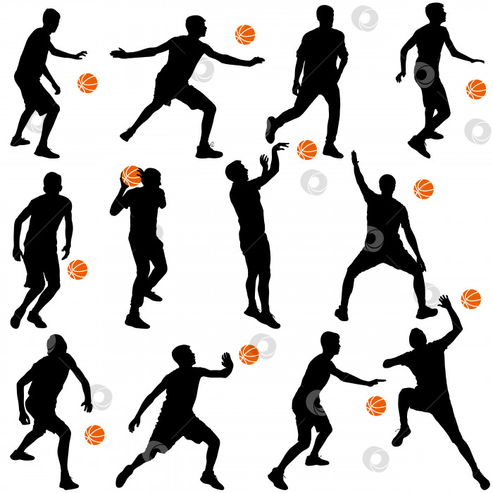 Скачать Черные силуэты мужчин, играющих в баскетбол на белом фоне. Векторная иллюстрация. фотосток Ozero