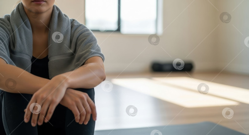 Скачать Женщина в спортивной одежде и полотенце отдыхает после фитнес-тренировки в студии. Концепция здорового образа жизни и хорошего самочувствия для тренажерного зала и физических упражнений. фотосток Ozero