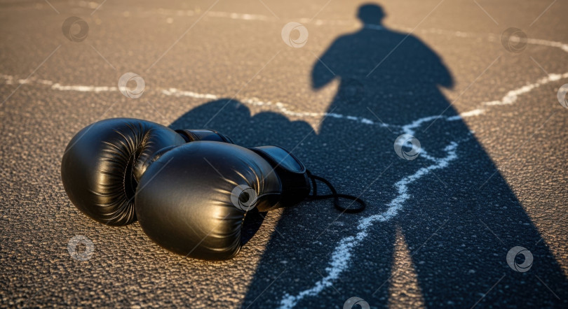Скачать Черные боксерские перчатки лежали на асфальте мужской тенью, олицетворяя силу, вызов, фотосток Ozero