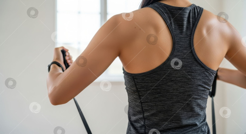 Скачать Женщина тренируется с эспандером, стоя сзади. Фитнес и интенсивные упражнения фотосток Ozero