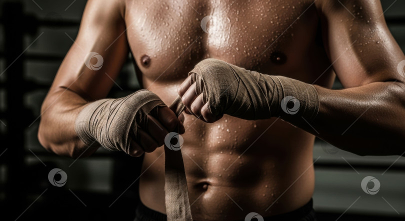 Скачать Мужчина-боксер обматывает руку перед тренировкой. Пот на теле мужчины-спортсмена в боксерском зале фотосток Ozero