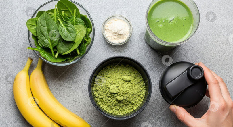 Скачать Женщина держит в руках шейкер с ингредиентами для зеленого протеинового коктейля. Концепция здорового питания и образа жизни. фотосток Ozero