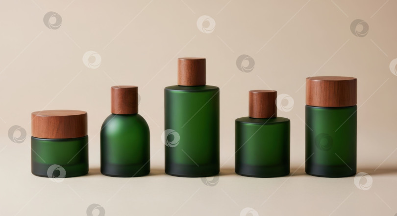 Скачать Набор зеленых косметических флакончиков с деревянными крышечками. Линейка средств для ухода за кожей для мужчин для ежедневного ухода за кожей и личной гигиены. фотосток Ozero