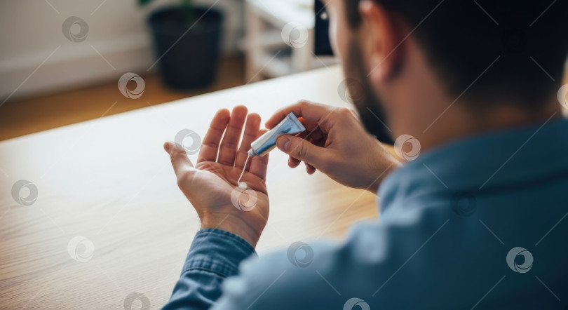 Скачать Мужчина, выдающий косметический крем из тюбика на руки. Ежедневный мужской уход за кожей. Личная гигиена для мужчин. фотосток Ozero