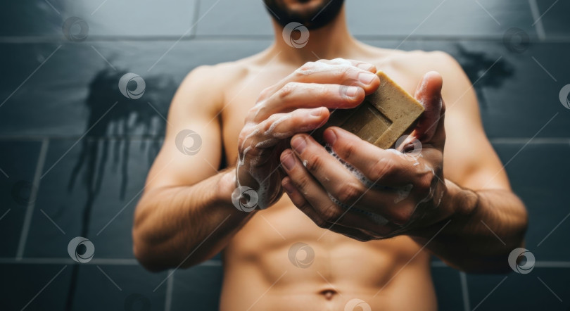 Скачать Мужчина моет свое тело куском мыла в душе. Правила ухода за кожей и гигиены для мужчин. Использование косметических средств для ухода за собой. фотосток Ozero