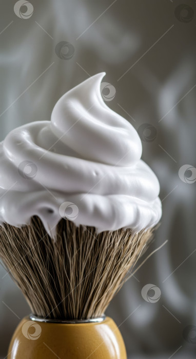 Скачать Крупный план кисточки для бритья с белой пеной. Мужские принадлежности для ежедневной гигиены и ухода за бородой. фотосток Ozero