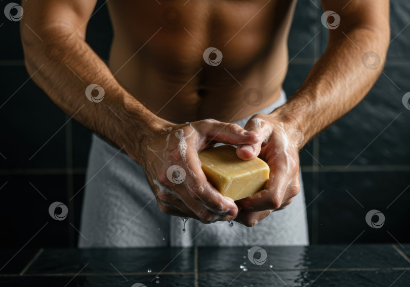 Скачать Белый мужчина с куском мыла в руках. Мужская гигиена и ежедневный уход за телом в ванной комнате. Концепция спа-салона и ухода за собой для мужчин. фотосток Ozero
