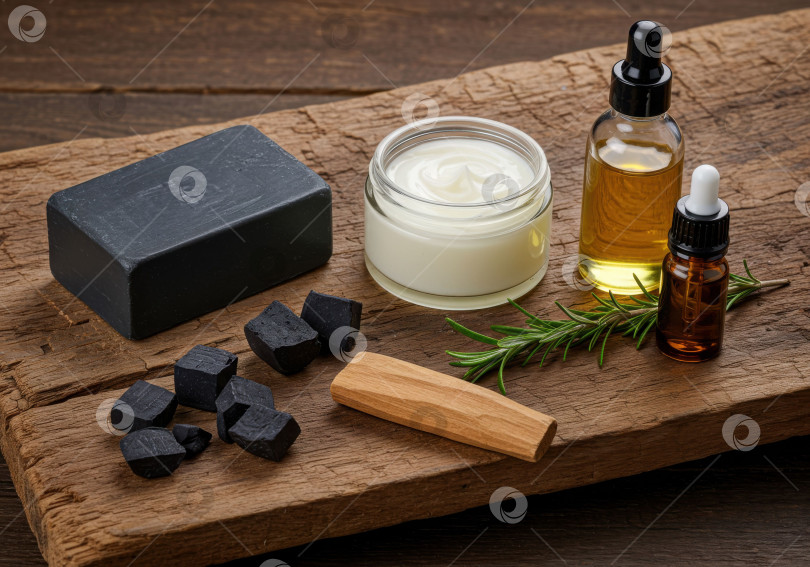 Скачать Мужская натуральная косметика, угольное мыло, деревянная доска, эфирное масло. Средства для ухода за телом и ванной для мужчин. фотосток Ozero
