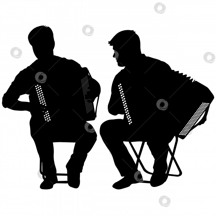 Скачать Силуэт двух музыкантов, играющих на баяне на белом фоне, векторная иллюстрация фотосток Ozero