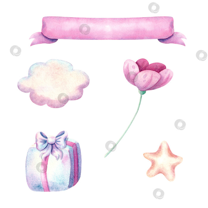 Скачать Набор праздничных рисунков в пастельных тонах. Пять изолированных акварельных элементов для праздничного и детского дизайна и декора фотосток Ozero