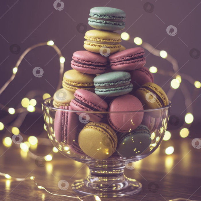 Скачать Разноцветная пирамидка из макарон в стеклянной чаше с праздничными гирляндами. фотосток Ozero