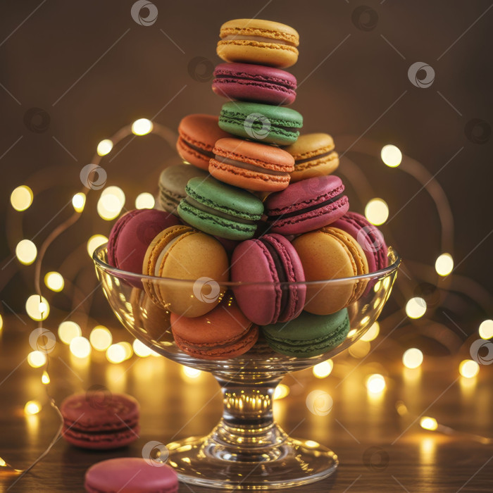 Скачать Разноцветные макароны, уложенные стопкой в стеклянную десертницу, украшены теплыми светящимися гирляндами. фотосток Ozero