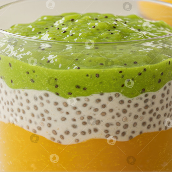 Скачать Слоеный пудинг из чиа с манго и киви в бокале. Полезный завтрак или десерт для сбалансированного питания. фотосток Ozero