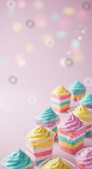 Скачать Разноцветные радужные десертные стаканчики со взбитыми сливками на розовом фоне, сладкие угощения на фотосток Ozero