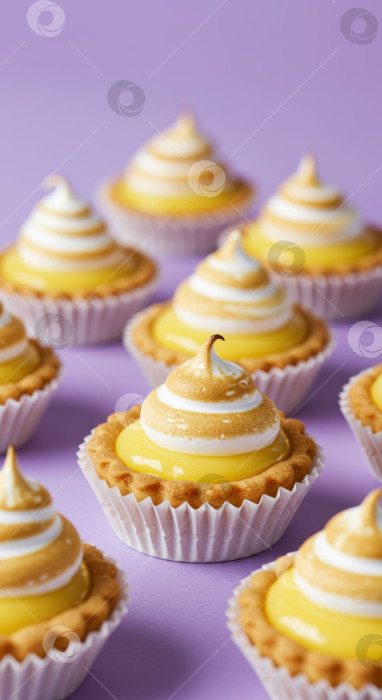 Скачать Восхитительные тарталетки с лимонным безе и золотисто-коричневой корочкой на лавандовом фоне фотосток Ozero