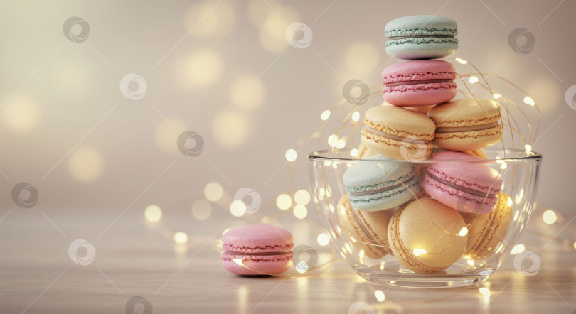 Скачать Разноцветные макароны в стеклянной вазочке с гирляндами. Праздничный десерт для празднования. фотосток Ozero