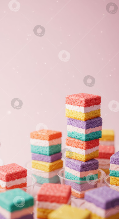 Скачать Разноцветные миниатюрные квадратные пирожные в пластиковых стаканчиках. фотосток Ozero