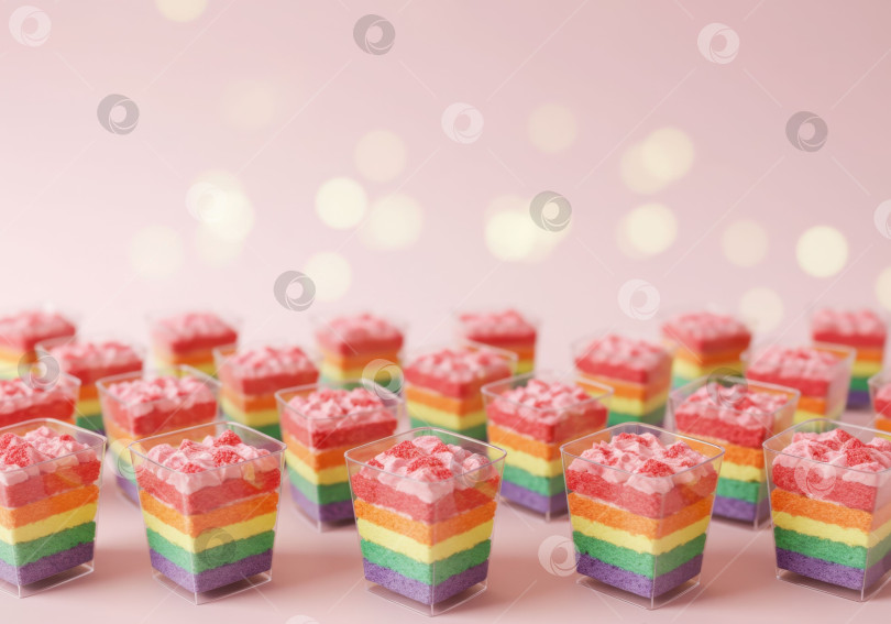 Скачать Множество красочных десертов rainbow pride в маленьких чашечках на светло-розовом фоне. фотосток Ozero