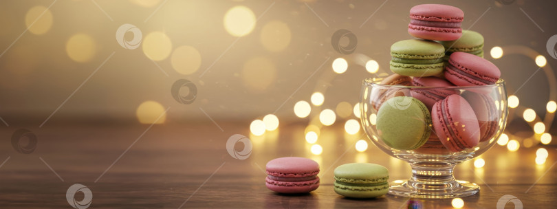 Скачать Разноцветное печенье "макарон" в стеклянной миске на деревянном столе с праздничными размытыми бликами боке. фотосток Ozero