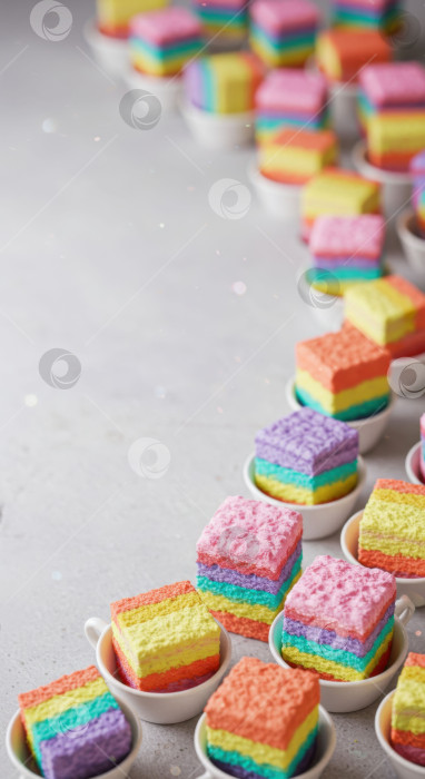 Скачать Маленькие разноцветные радужные десерты на бетонном фоне, сладкое угощение и вкусная еда фотосток Ozero