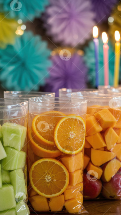 Скачать Фруктовый салат с дольками апельсина и дыни в полиэтиленовых пакетах - полезный перекус на торжестве с праздничными свечами и украшениями. фотосток Ozero