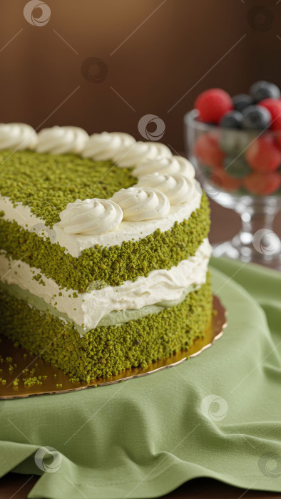 Скачать Вкусный слоеный фисташковый торт со сливочной глазурью и молотыми орехами. Десерт из домашней выпечки для празднования и вечеринки. фотосток Ozero