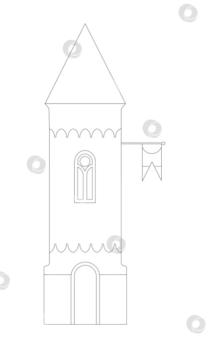 Скачать Векторная раскраска Средневековой башни замка с флагом, выделенным на белом фоне, готовый вырез фотосток Ozero
