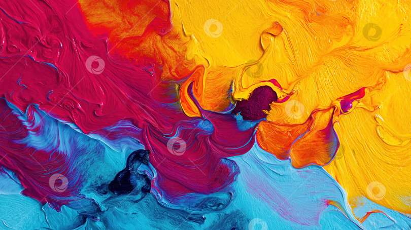Скачать Яркий абстрактный водоворот разноцветных акриловых красок, смешивающихся вместе в динамичных волнах красного, синего, желтого и фиолетового цветов, создает завораживающее произведение искусства фотосток Ozero