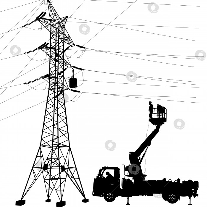 Скачать Электрик, производящий ремонт на опоре электропередачи. Векторная иллюстрация фотосток Ozero