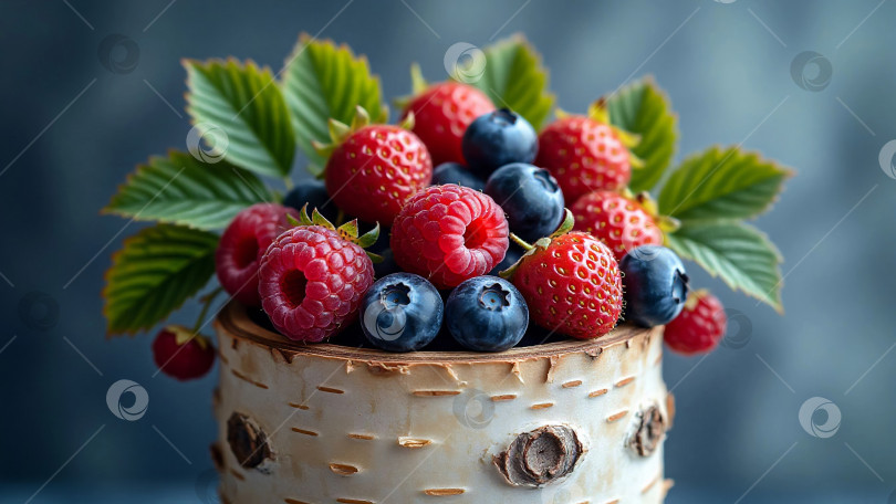 Скачать Макросъемка лесных ягод в деревенском контейнере. Сгенерировано искусственным интеллектом. фотосток Ozero