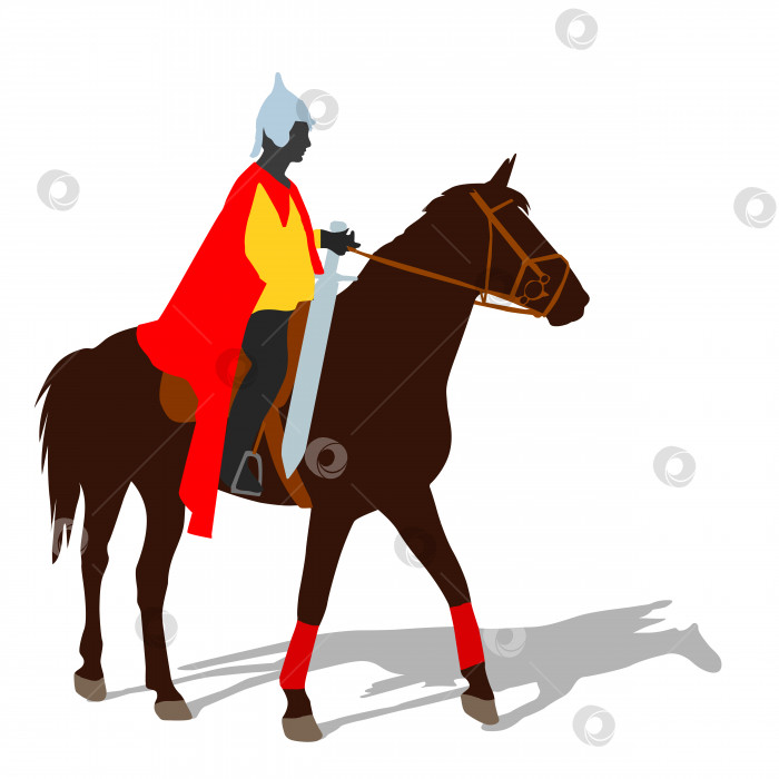 Скачать Всадник на коне в одежде воина с мечом и в шлеме.  векторный силуэт фотосток Ozero