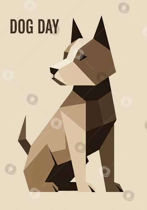 Скачать Геометрическая коричневая собака, сидящая рядом, с надписью "День собаки". Минималистичное многоугольное изображение домашнего животного для празднования. фотосток Ozero